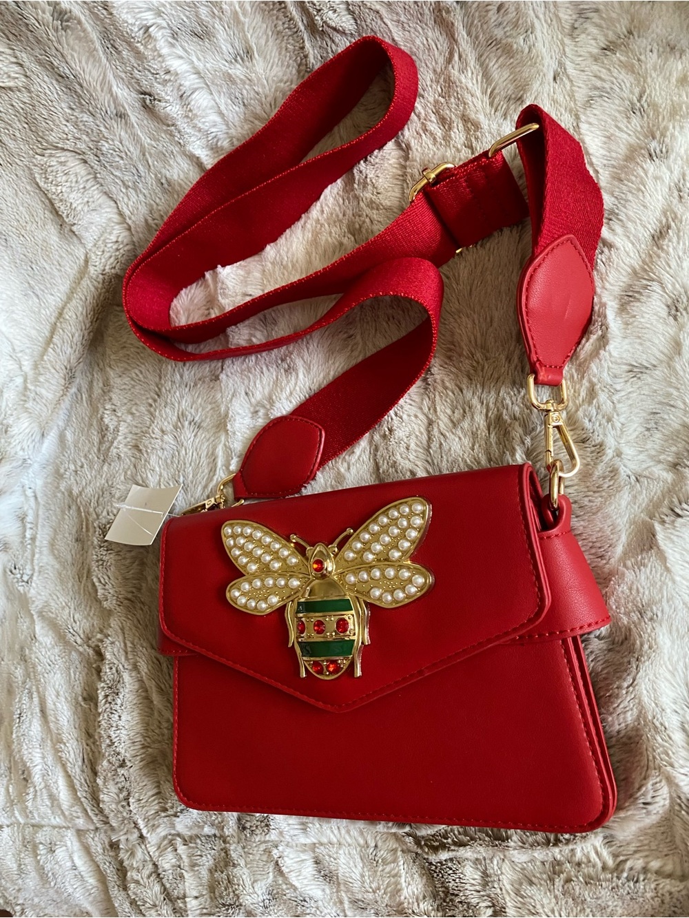 Red Pearl Bee Accent embellished Crossbody Bag - 9” - Picture 9 of 9
